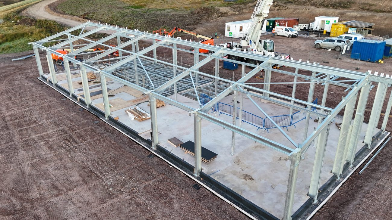 Aerial view of the structural steel frame being erected for the new control building at Hagshaw Hill Windfarm.